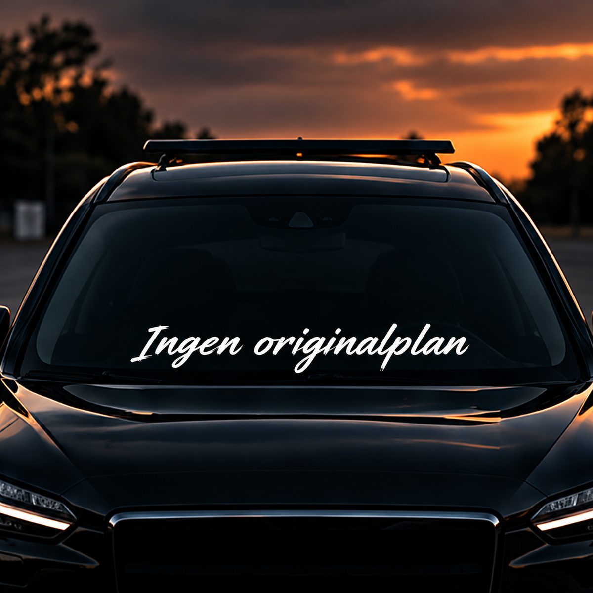 Ingen originalplan framrutedekal på mörk bil